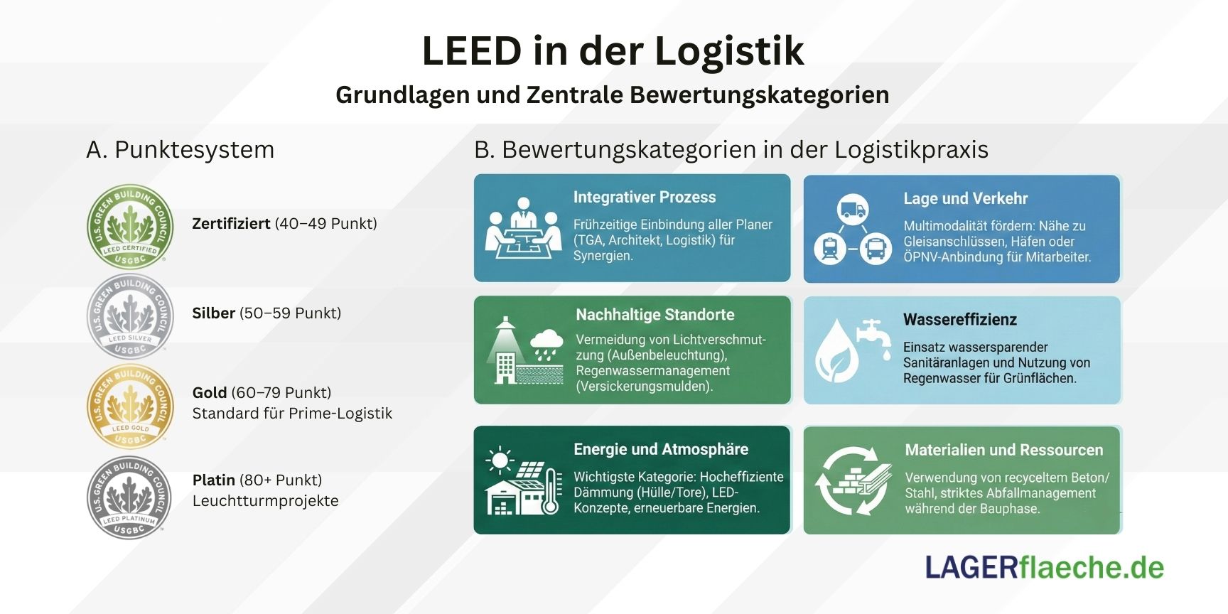 Infografik mit dem Titel 'LEED in Logistics: Fundamentals & Key Rating Categories'. Sie zeigt den vier Zertifizierungsstufen (Certified, Silver, Gold, Platinum) und detailliert sechs zentrale Bewertungskategorien, darunter Integrativer Prozess, Standort, Nachhaltige Standorte, Wassereffizienz, Energie und Atmosphäre sowie Materialien.